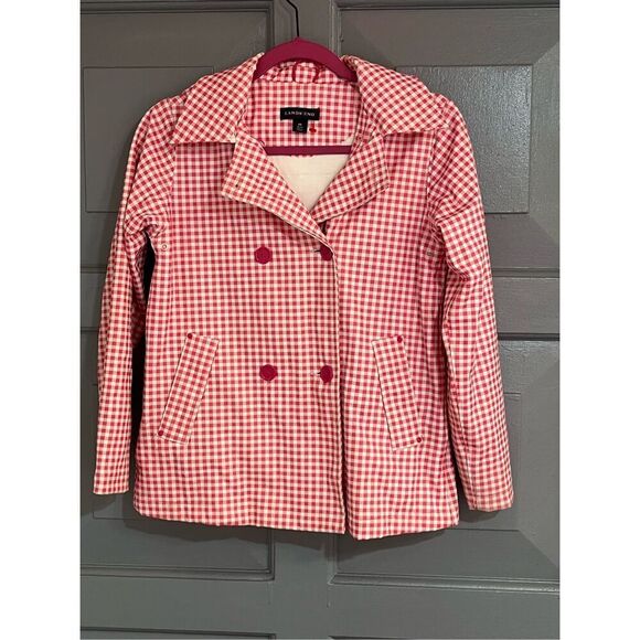Lands End Kids Girls Gingham Red & White Hooded Rain Coat Sz M Preowned - Picture 3 of 11